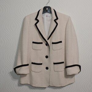 GALEANDE Paris sz 46 / 14 White Tweed Jacket Coat w/Black trim